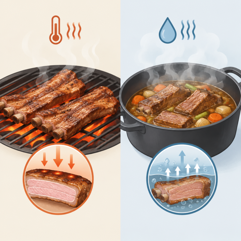 AI 생성 설명 이미지: 안산일동맛집 유니드정육식당 | 돼지갈비 구이와 갈비찜, 열과 수분의 차이