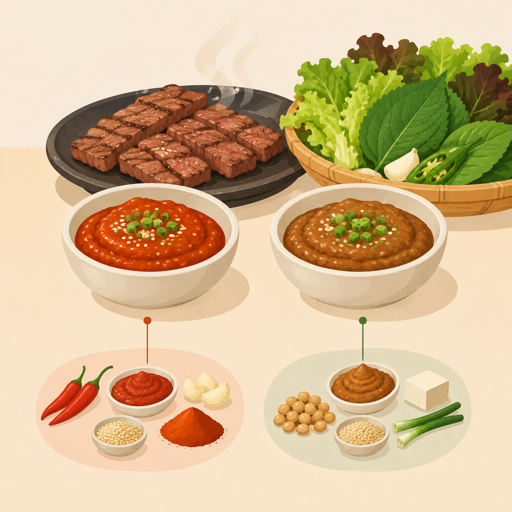 AI 생성 설명 이미지: 안산일동한우 유니드정육식당 | 쌈장과 된장소스, 이름보다 맛의 역할로 고르기
